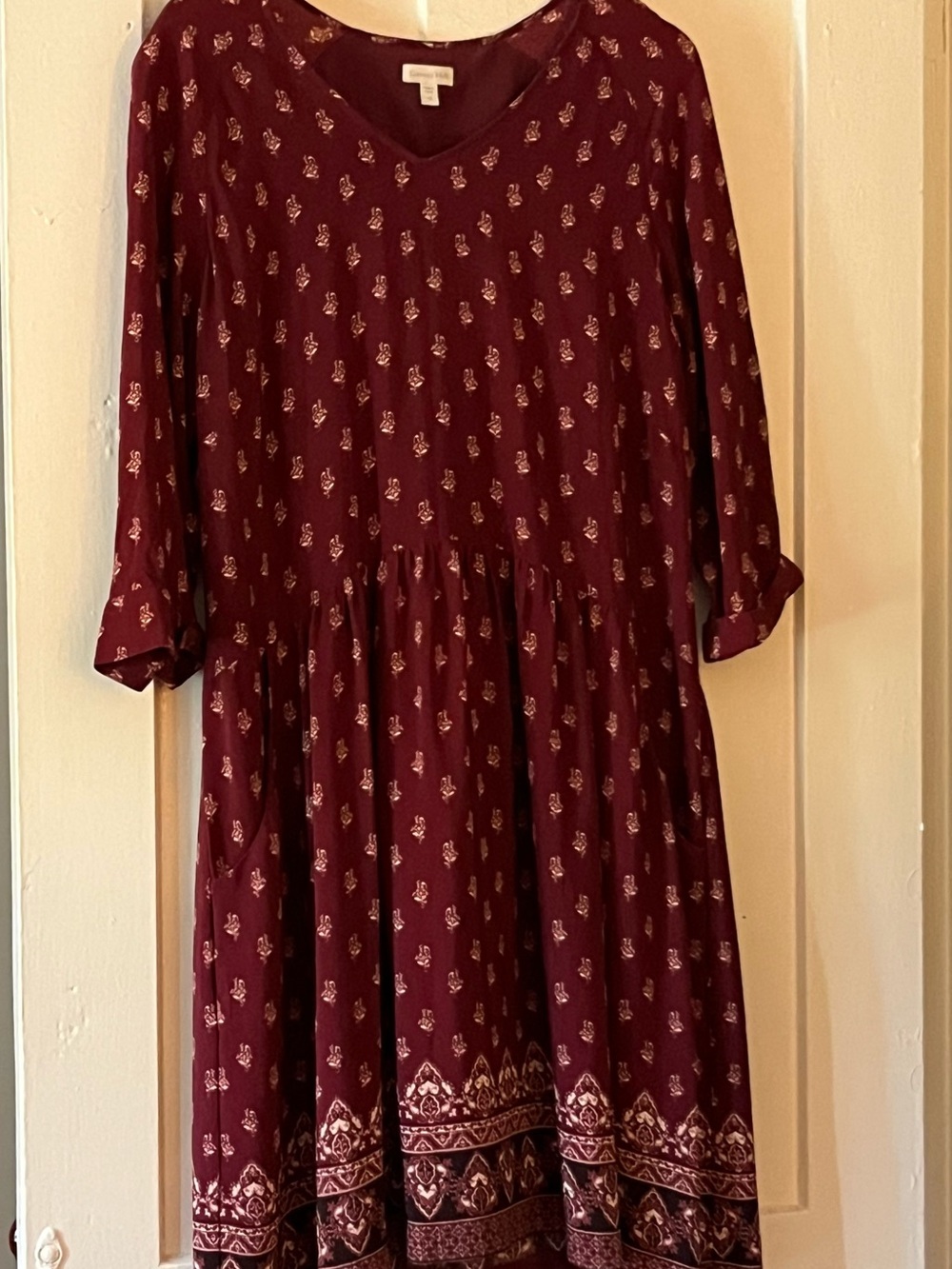 Garnet Hill Burgundy Floral Border Long-Sleeve Midi Dress
